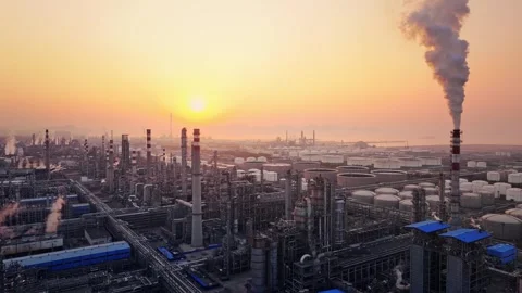 Curling fire and cumin smoke filling the sky. Smoking chimneys from the factory Stock Footage 324872787