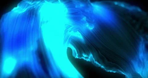 Curling luminous blue wave-like form flowing across dark void, showing bright Foto stock
