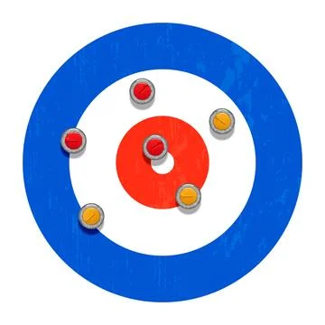 Curling sheet target-house with six red and yellow granite stones top view,.. Stock Illustration