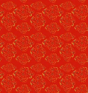 Curls with yellow-green gradient on red in vector pattern for textiles, postc Stock Illustration