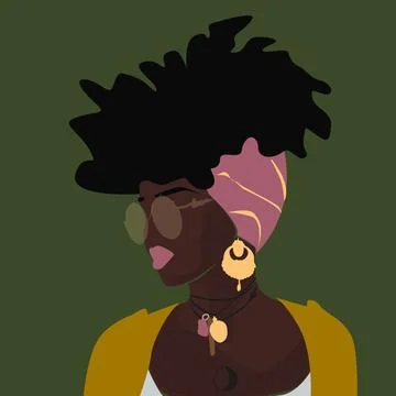 Curly black woman in turban on olive background Stock Illustration