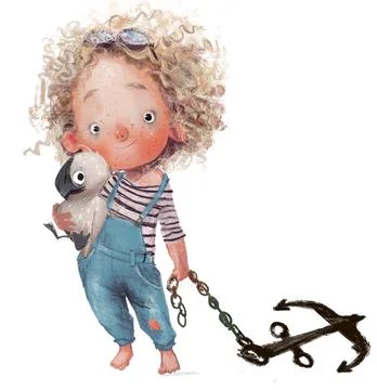 Curly cute girl with an albatross character Stock Illustration