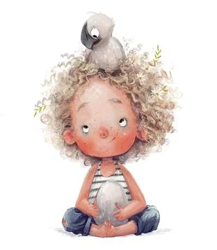 Curly cute girl with little albatross character Stock Illustration