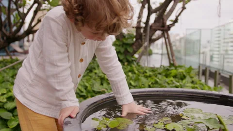 A curly-haired 3-year-old boy joyfully discovers his reflection in a small Stock Footage 336694786