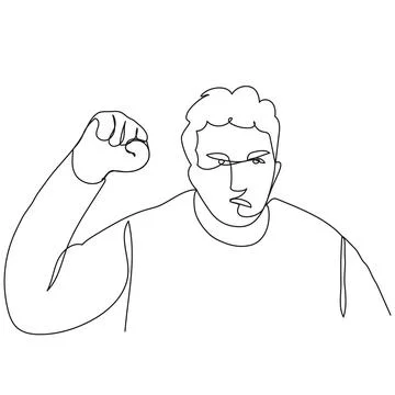 Curly-haired angry man with a protest look and a raised fist drawn in one l.. Stock Illustration