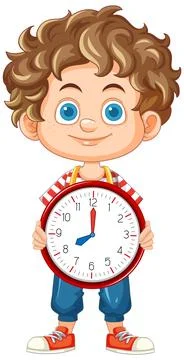 Curly Haired Boy Holding Large Analog Clock Stock Illustration