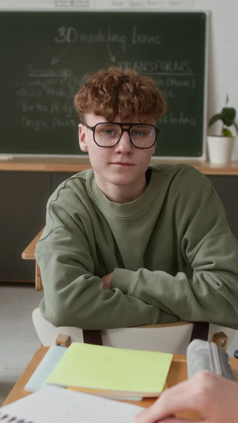 Curly Haired Boy Wearing Glasses Sitting In Classroom Stock Footage 335694187