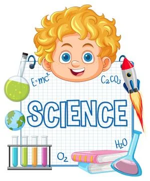 Curly Haired Child Surrounded by Science Elements Illustration Stock Illustration