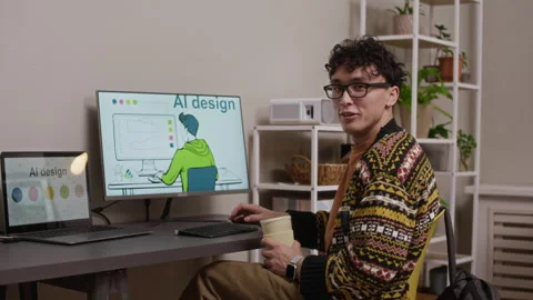 Curly Haired Guy Working with AI Design on Desktop Computer and Sipping Coffee Stock Footage 327769444