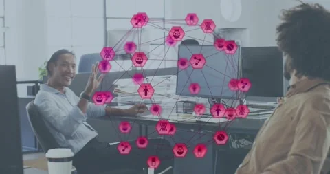 Curly-haired man scribbling notebook forming magenta network overlay while Stock Footage 317258647