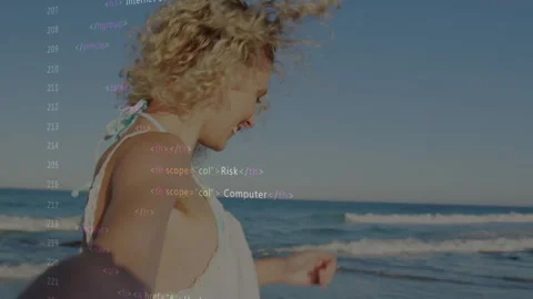 Curly-haired person on beach with HTML code overlaying animation scene Stock Footage 306216517