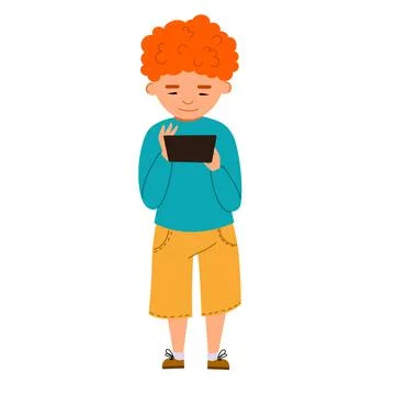 A curly-haired, red-haired, smiling boy stands and holds a tablet in his hands. Stock Illustration