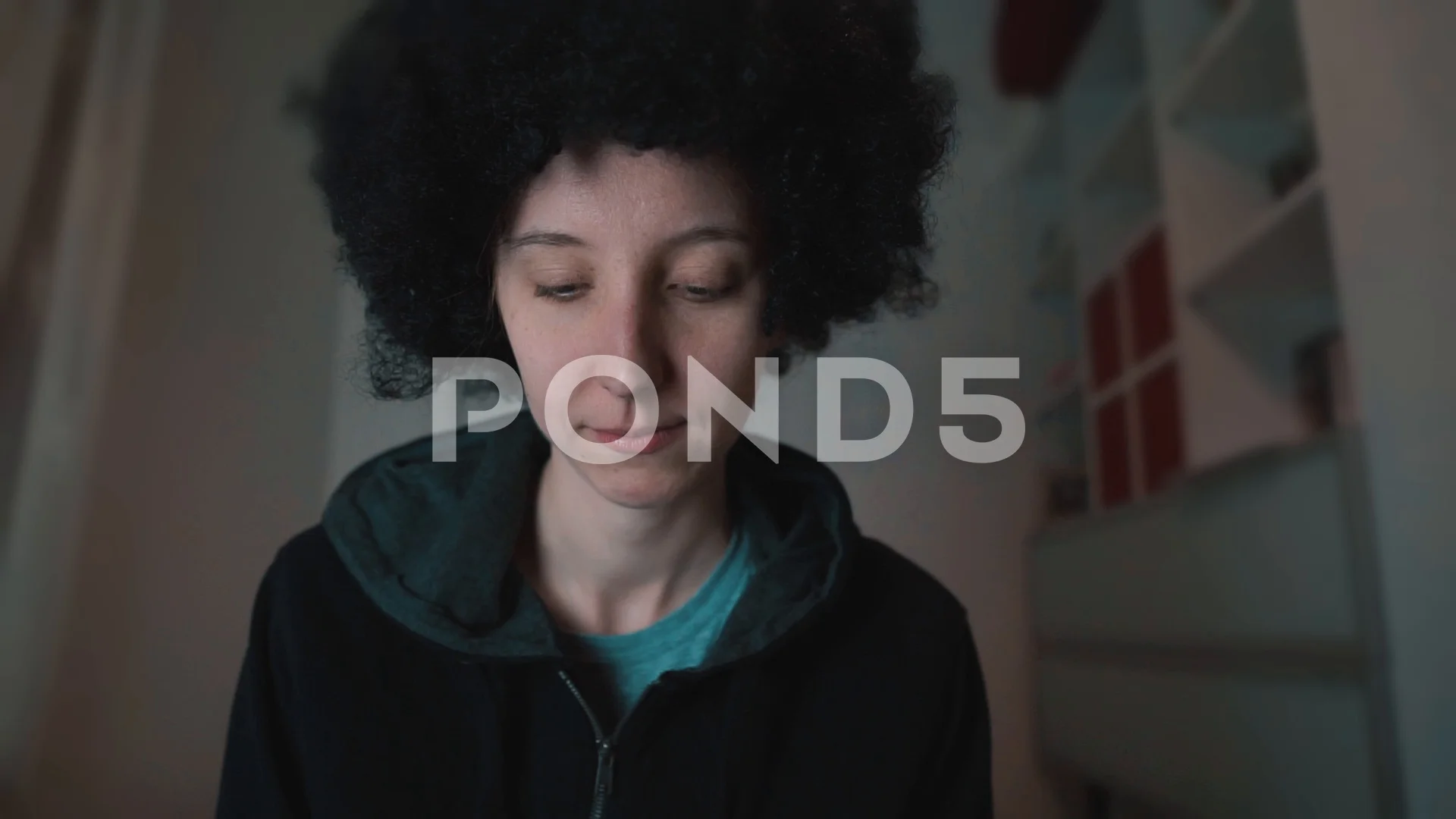 Curly Haired White Woman Waving To Camera Afro Haired Woman