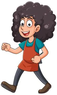 Curly-Haired Worker Walking in Apron Cartoon Vector Stock Illustration