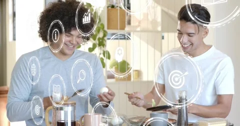 Curly man handing plate while other grabbing pepper mill, preparing food, HUD Stock Footage 323335125