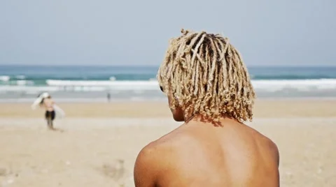 Curly Surfer Beach Slow Motion Stock Footage 69020696