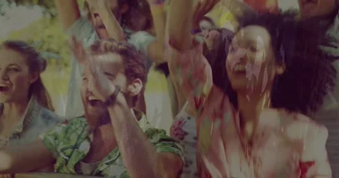 Curly woman shouting, clapping at offscreen marketing event, animated confetti Stock Footage 334182927