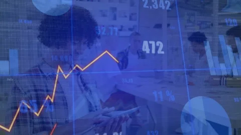 Curly worker tapping tablet and causing orange chart spike for team review, Stock Footage 333019082