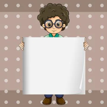 A curly young man holding an empty signage Illustrazione stock