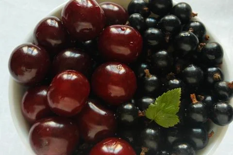 Currant berries and cherries on a white plate and white tablecloth Stock Photos