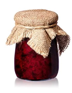 Currant jam in jar with burlap Stock Photos