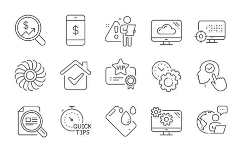 Currency audit, Fan engine and Settings icons set. Check article, Time Illustrazione stock