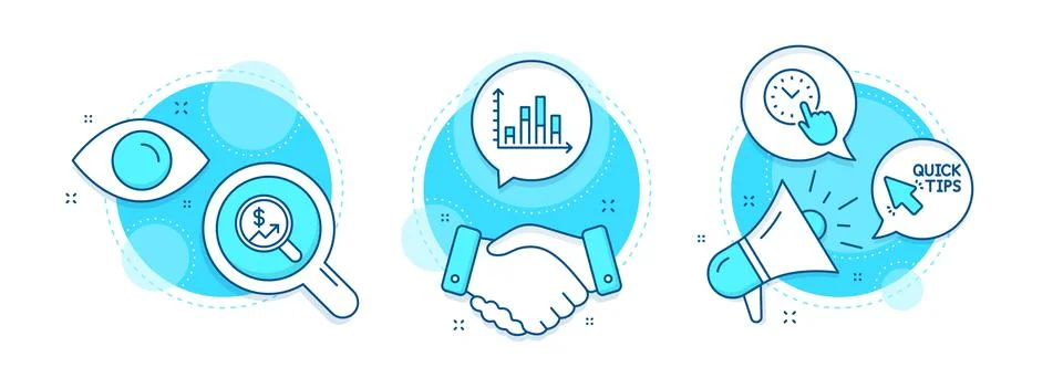 Currency audit, Quick tips and Diagram graph icons set. Time management sign Stockillustratie