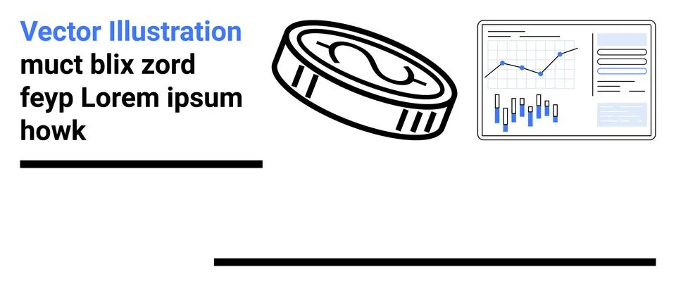 Currency coin, data chart with graphs and text elements. Ideal for finance, i Illustrazione stock