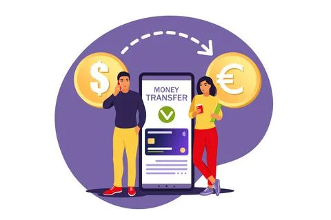 Currency conversion concept. Mobile bank users transferring money. Online pay Stock Illustration