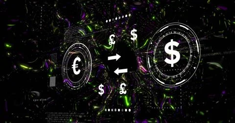 Currency conversion graphic moving in digital interface, showing arrows and euro Stock Photos