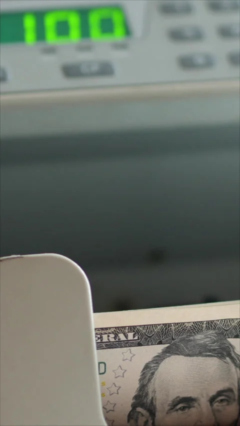 Currency Counter Machine Display. Counting Banknotes. 5 Dollar Bills. Vertical. Stock Footage 284840862