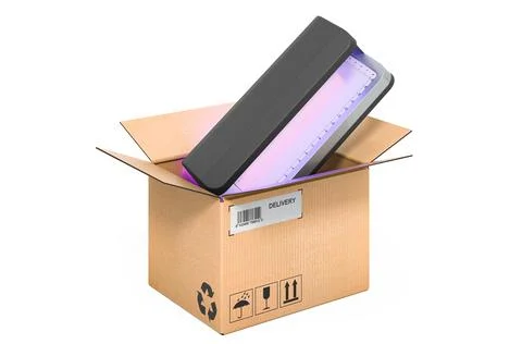 Currency detector inside cardboard box, delivery concept. 3D rendering Illustrazione stock