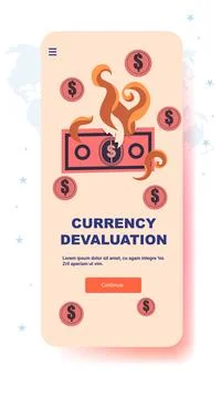 Currency devaluation burning dollar bill surrounded by coins mobile app screen Illustrazione stock