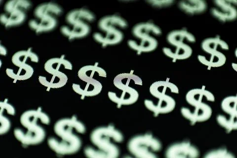 Currency Dollar symbol pattern on a black background. Monitor texture view Stock Photos