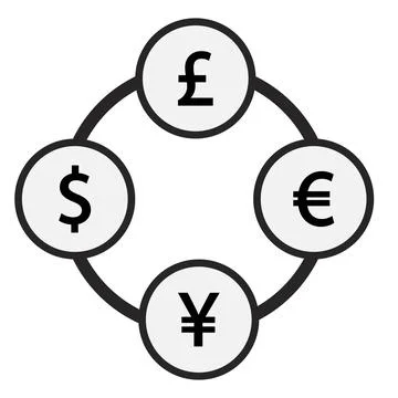 Currency exchange between US dollar, euro, pound and yen circular diagram Stock Illustration