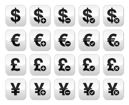 Currency exchange buttons set - dollar, euro, yen, pound Stock Illustration