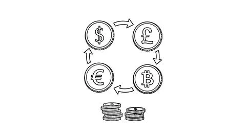 Currency Exchange Cycle: Dollar, Pound, Euro, Bitcoin with Arrows and Coins Stock Illustration