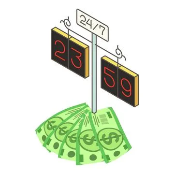 Currency exchange icon isometric vector. Street clock face and dollar banknote Illustrazione stock