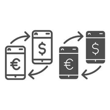 Currency exchange line and solid icon. Phones, arrows with dollar and euro Illustrazione stock