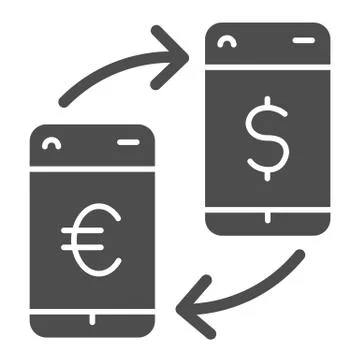 Currency exchange solid icon. Phones, arrows with dollar and euro symbol, glyph Illustrazione stock