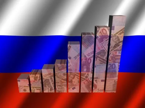 Currency graph on rippled Russian flag illustration Stock Illustration