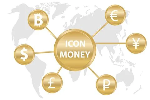Currency icons on the background of the world map. Currency icons on a gold. Illustrazione stock