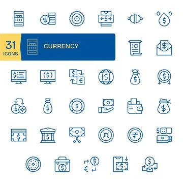 Currency Modern Vector Collection with 35 Regular Line 256x256 PIXEL Perfec.. Stock Illustration