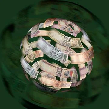 Currency notes moving round against green background Stock Photos