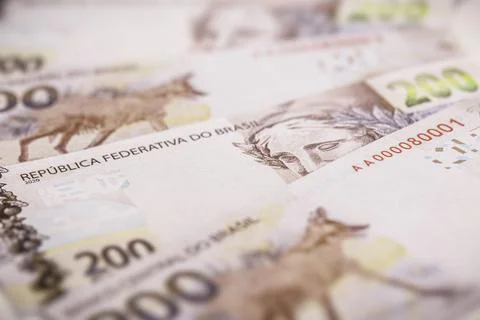Currency of one real with notes of 200 reais. Banknote of two hundred reais Stock Photos