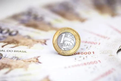 Currency of one real with notes of 200 reais. Banknote of two hundred reais Stock Photos