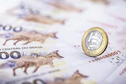 Currency of one real with notes of 200 reais. Banknote of two hundred reais,  Stock Photos