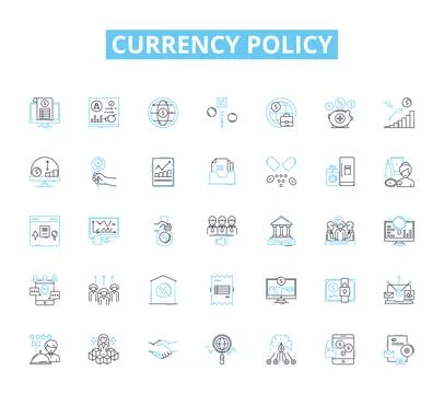 Currency policy linear icons set. Inflation, Exchange, Intervention, Reserves Stock Illustration