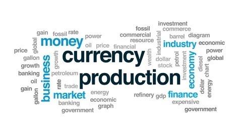Currency production animated word cloud, text design animation. Stock Footage 80475900