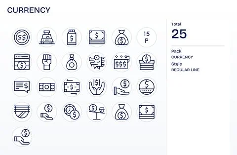 Currency Professional Vector Set with 25 Regular Line Pixel Optimized High .. Stock Illustration